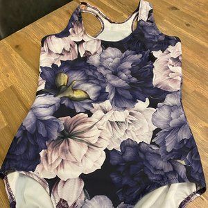 Racerback leotard in purple floral print, size medium / M